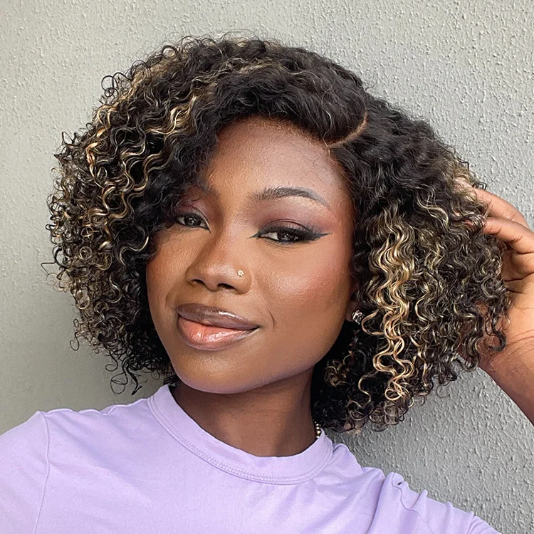 Human - hair wig with a 180 - density for a full and thick appearance1 SEC INSTALL WIG | Honey Blonde Highlight / Natural Black Kinky Curly Glueless Minimalist HD Lace Classic Short Wig Pre-Cut Lace