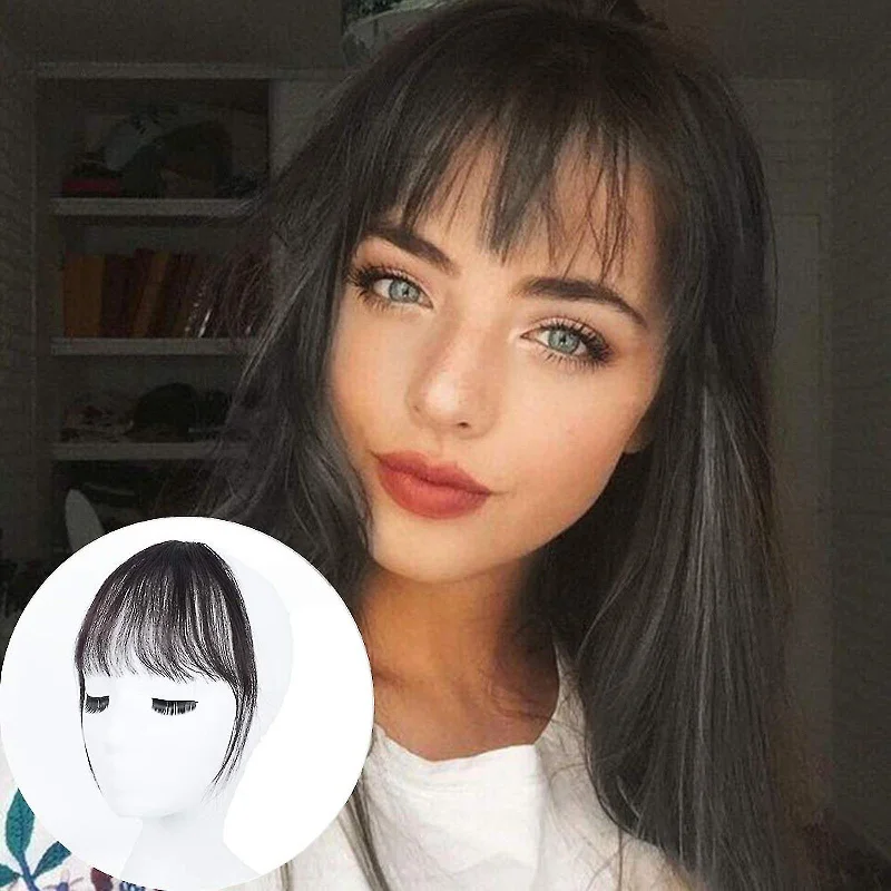 Human - hair wig with a 180 - density for a full and thick appearance100% Real Human Hair Topper Toupee French Bangs Clip Hairpiece Wigs For Women