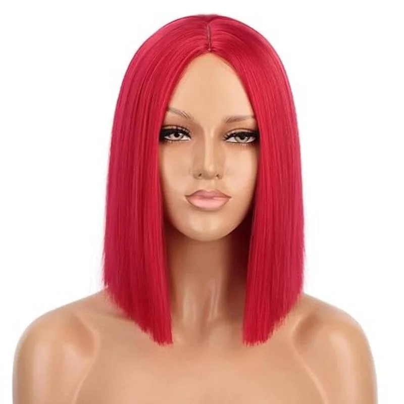 Indian - human - hair wig with a natural - looking shine12inch Red Wig Straight Hair Wig 100% Human Hair Shoulder Length 13×4 Bob Wigs for Women Colorful Bob Wigs for Party and Cosplay Use