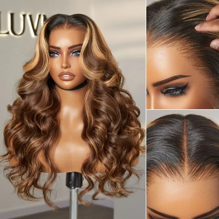 Malaysian - human - hair wig with a smooth and silky texturePreMax 2.0 Wigs | Nature Max Blonde Highlight Loose Body Wave Ear-to-ear Glueless 13x5 Frontal HD Lace Wig Pre-Cut Lace