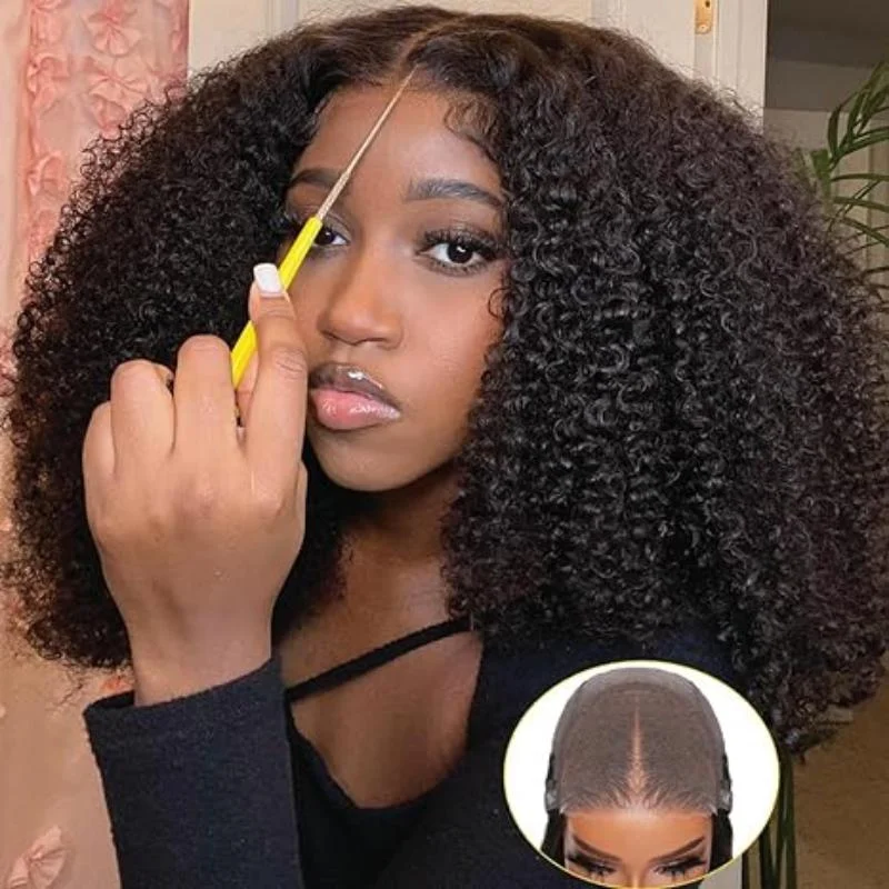 Human - hair wig with a natural - looking root for a more realistic lookWear and Go 18 inch 5x5 Lace Kinky Curly Glueless Wigs - Pre Plucked Pre Cut