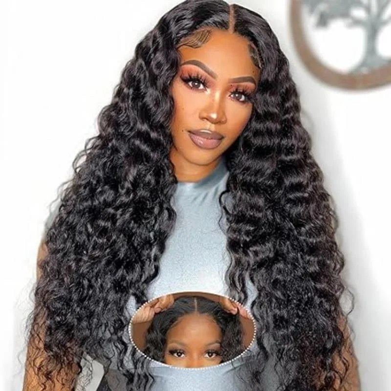 Human - hair wig in a jet - black color for a classic and timeless look22 Inch 200% Density Pre Plucked Pre Cut for beginners 13x4 loose deep wave Lace Front Wigs for Ladies