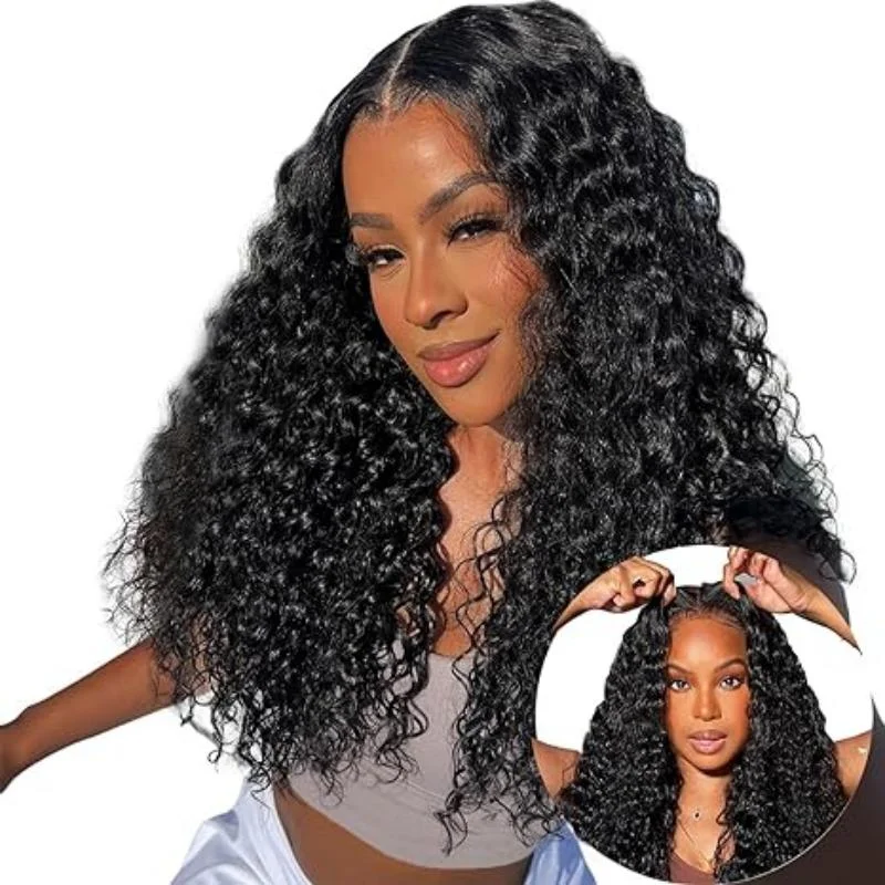 Human - hair wig with a wispy fringe for a soft and feminine lookGlueless 200% Density 5x5 Lace Closure Deep Wave Lace Front Wigs For Beginners