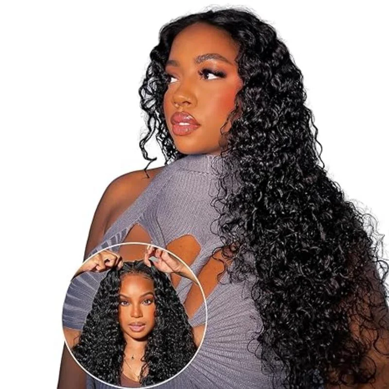 Human - hair wig with a wavy texture for a beachy and relaxed lookPremium Quality: 200% Density Pre Plucked Pre Cut Deep Wave Glueless 5x5 Lace Wig