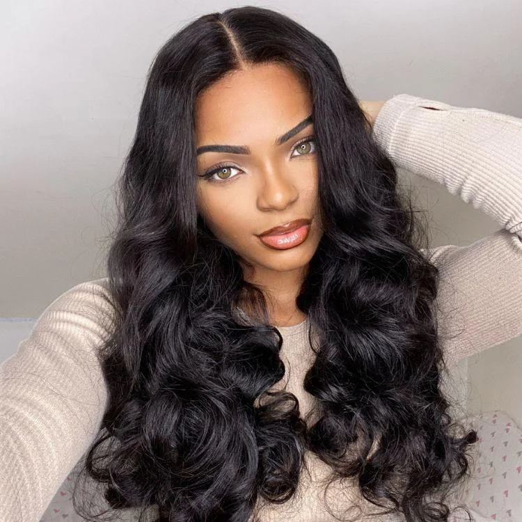 Human - hair wig with a straight texture for a sleek and minimalist lookLuvme Hair 180% Density | Natural Black Loose Body Wave 5x5 Closure HD Lace Glueless Mid Part Long Wig | Large & Small Cap Size