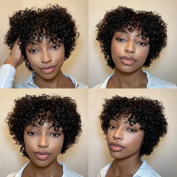 Brazilian - human - hair wig with a full and voluminous lookLuvme Hair Throw On & Go | Ultra Natural Lightweight Bouncy Curly Wig with Bangs 100% Human Hair