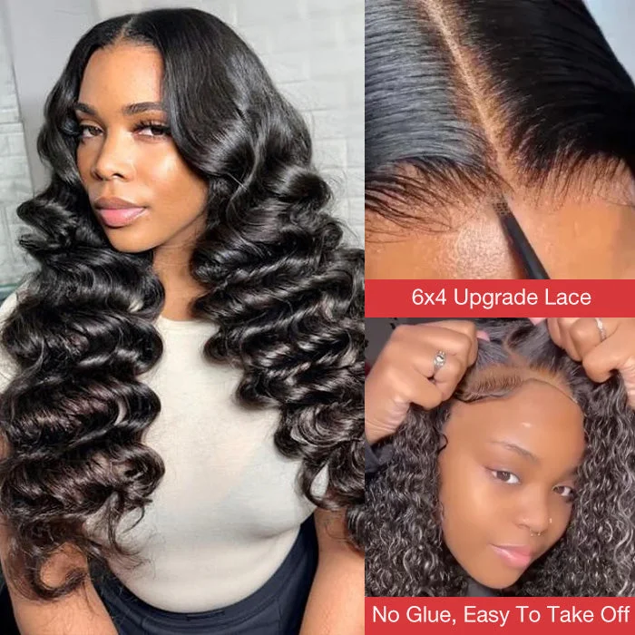 Human - hair wig with a side - swept bang for a sophisticated look4x4 Lace Loose Deep Black Quick & Easy Glueless Wig With Breathable Cap Glueless HD Lace Front Wigs Beginner Friendly