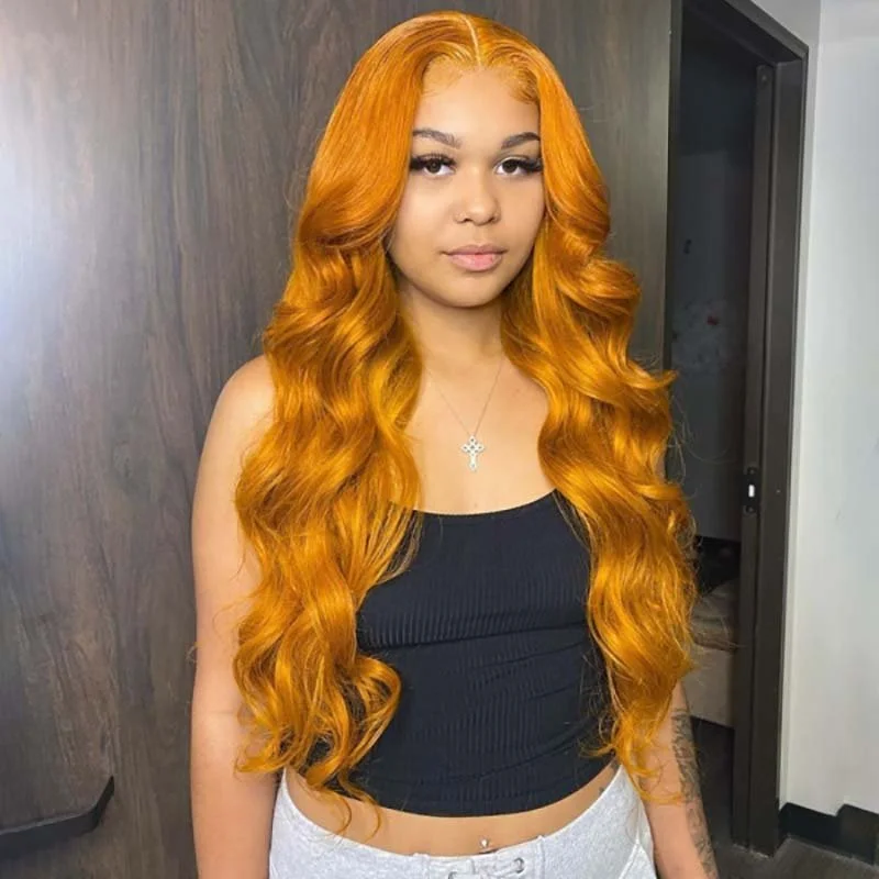 Colored wig with a pre - bleached knot for a natural - looking scalpAlibonnie Ginger Yellow Color Body Wave 360 Transparent Lace Wigs Pre Plucked Hairline