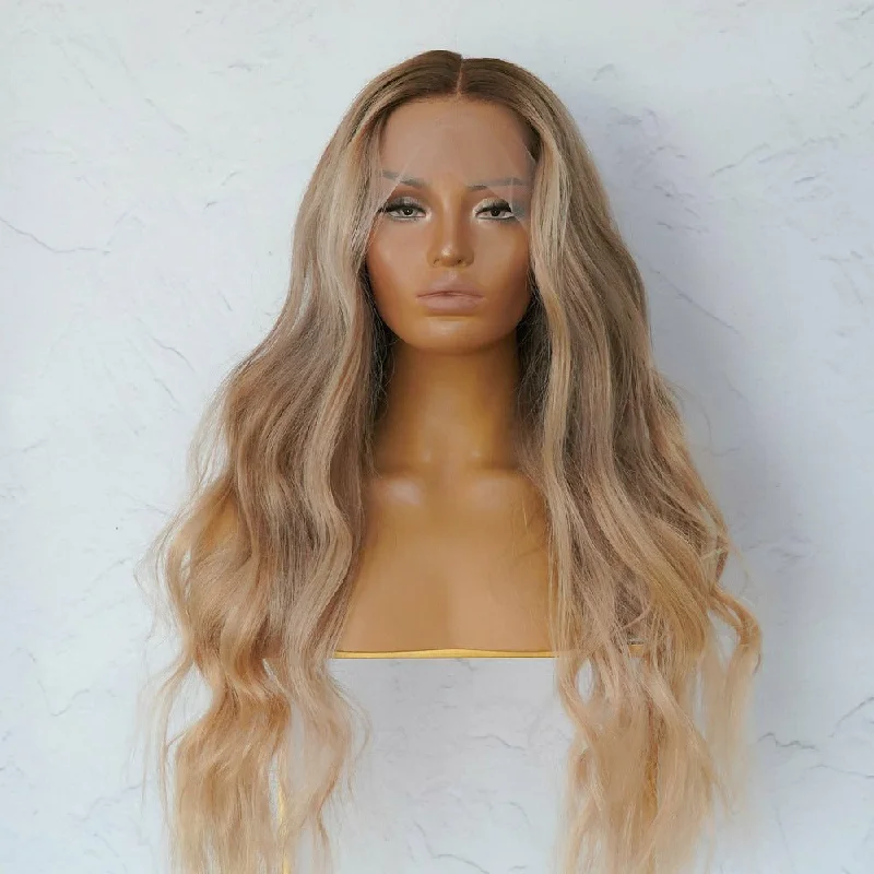 Human - hair wig with a side - swept bang for a sophisticated lookARIA Mixed Blonde Ombre Human Hair Lace Front Wig