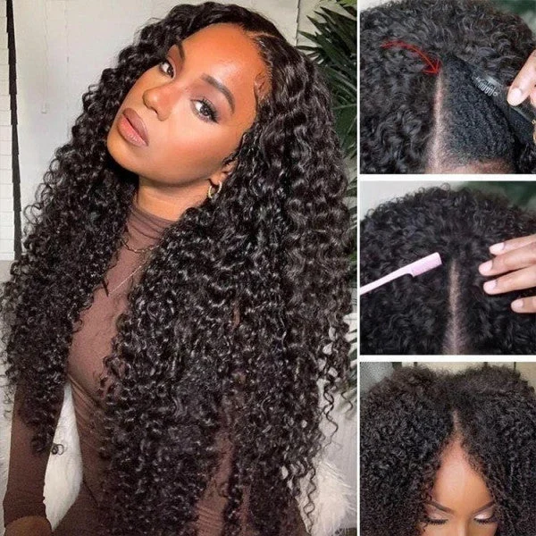 Human - hair wig with a natural - looking root for a more realistic lookBeginner Friendly V Part Curly Wig No Leave Out Super Natural Human Hair Wigs