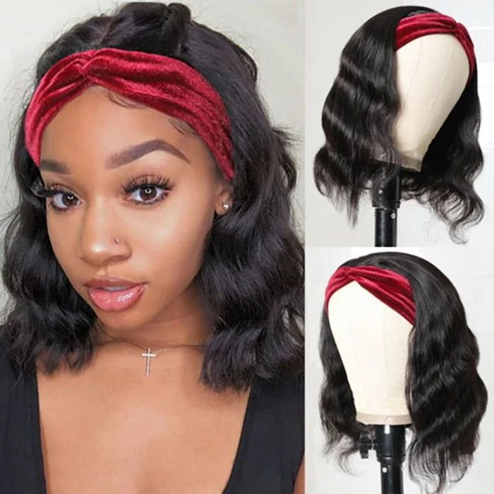 Human - hair wig with a middle - part for a classic and elegant styleBody Wave Headband Short Bob Human Hair Wigs Full And Thick