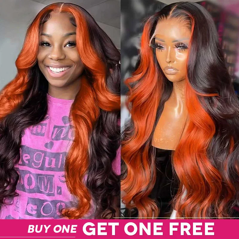 Human - hair wig with a natural - looking root for a more realistic look[Ishow Bogo Free] Ginger Black Body Wave Glueless Wigs 13x4 HD Lace Frontal Highlighted Human Hair Wigs