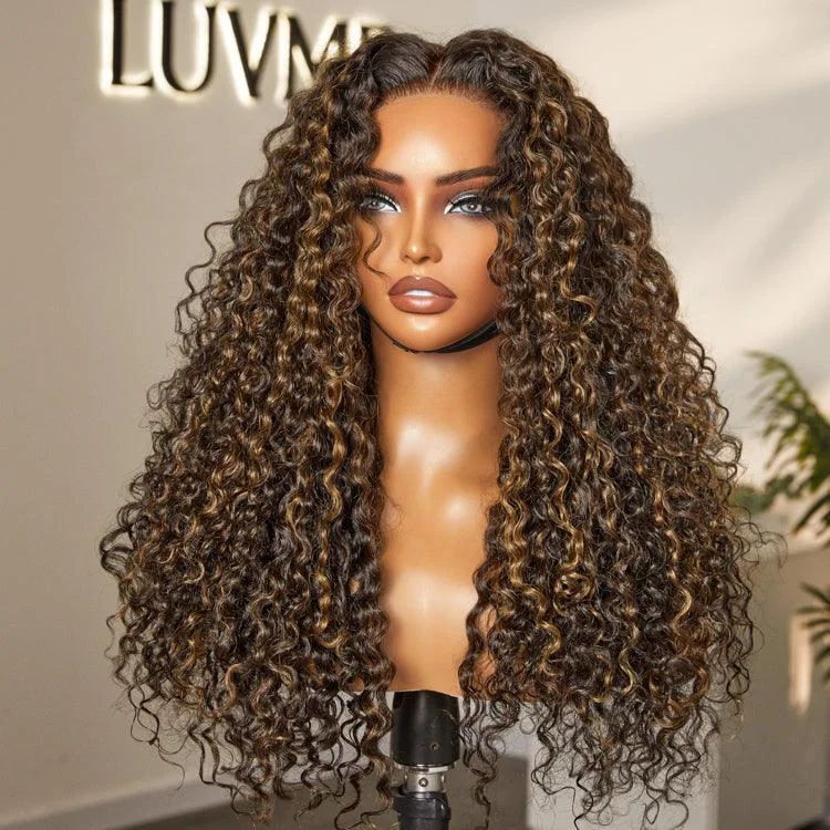 Human - hair wig in a jet - black color for a classic and timeless lookBrown Highlights Funmi Curly Glueless 5x5 Closure Lace Long Curly Wig Beginner Friendly | Large & Small Cap Size