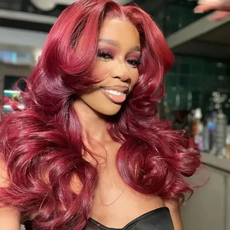 Virgin - human - hair wig with a natural - looking texture for a luxurious feelBurgundy Red Body Wave Glueless Wig With Curtain Bangs 13x4/5x5 HD Lace Closure wig