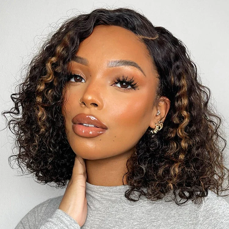 Human - hair wig with a side - swept bang for a sophisticated lookCasual Blonde Highlights Curly Minimalist HD Lace Glueless C Part Short Wig 100% Human Hair Pre-cut Lace