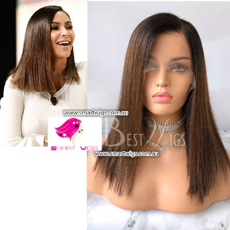 Human - hair wig with a 180 - density for a full and thick appearanceCelebrity Style Dark Roots Medium Brown Virgin Human Hair Lace Wig - SW1861