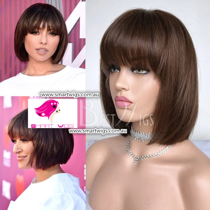 Human - hair wig with a pre - plucked hairline for a more natural lookCelebrity Style Short Bob with Fringe Virgin Human Hair Lace Wig - SW1840