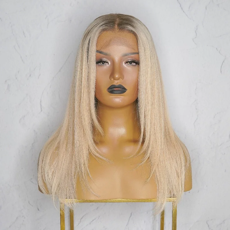 Peruvian - human - hair wig with a soft and manageable feelCHERI Ash Blonde Root Human Hair Lace Front Wig