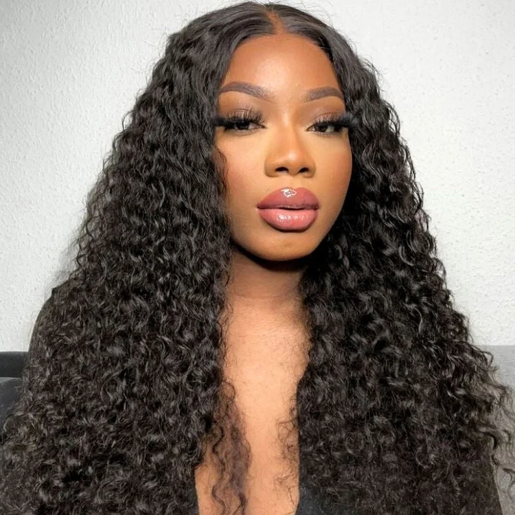 Human - hair wig with a wavy texture for a beachy and relaxed lookDeep Wave 4x4 Closure Lace Glueless Mid Part Long Curly Wig 100% Human Hair