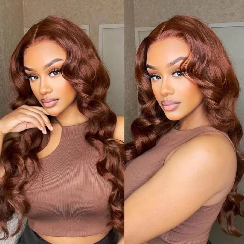 Colored wig with a pre - plucked hairline for a more natural lookDachic Hair 33# Auburn Colored Glueless 13x6 HD Lace Front Human Hair Wigs Body Wave Frontal Wigs 180%