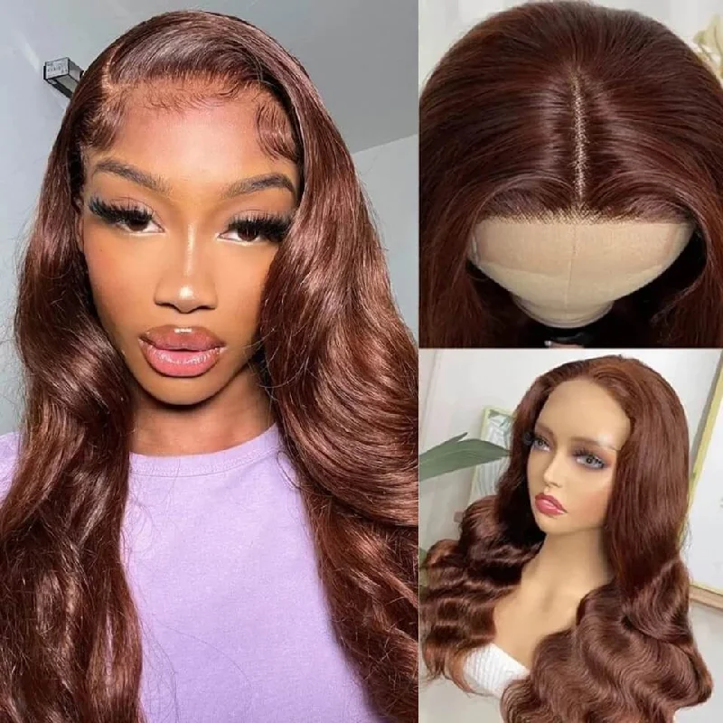 Colored wig with a side - part for a more flattering appearanceDachic Hair 33# Auburn Colored Glueless 5*5 HD Lace Closure Human Hair Wigs Body Wave Frontal Wigs 180%