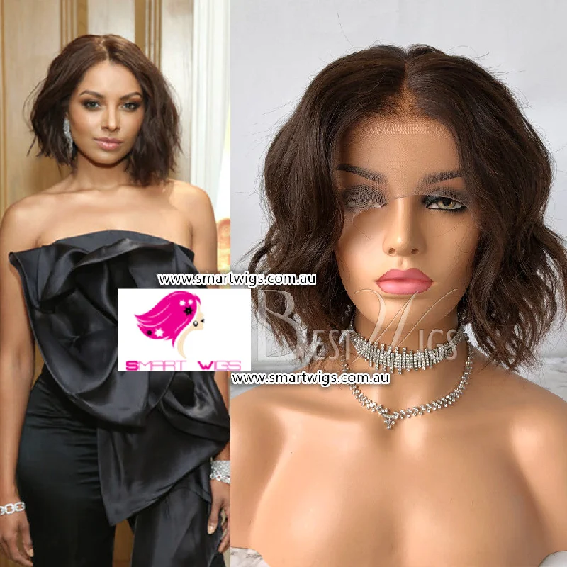 Human - hair wig with a pre - bleached knot for a natural - looking scalpDark Brown Short Wavy Virgin Human Hair Lace Wig - SW1835