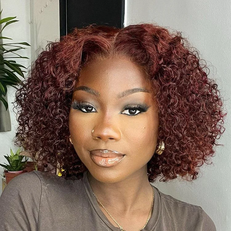 Peruvian - human - hair wig with a soft and manageable feelDark Reddish Brown Water Wave Glueless 5x5 Closure Lace Short Curly Wig