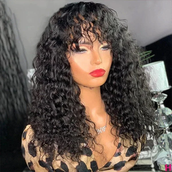 Human - hair wig with a natural - looking root for a more realistic lookDeep Wave Human Hair Wigs With Bangs No Lace Front Human Hair Wigs 150% Density Full Machine Made Wig