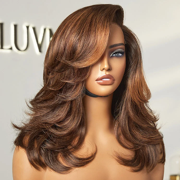 Peruvian - human - hair wig with a soft and manageable feelEffortlessly Chic Pre-Layered Cut Brown Highlight Glueless Minimalist HD Lace Shoulder Length Wig