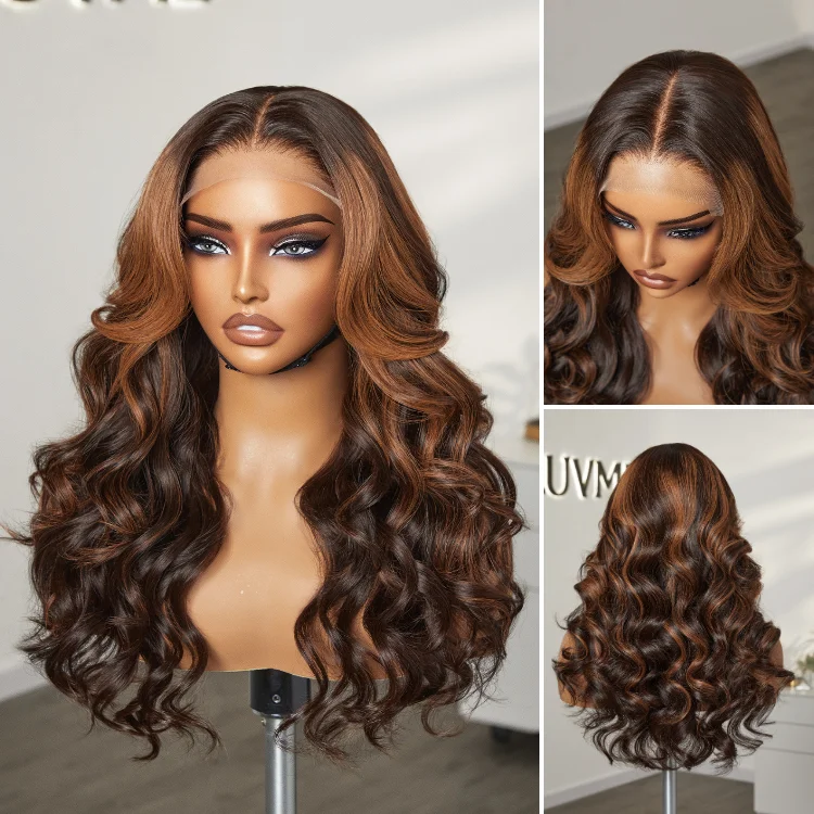 Adjustable - cap human - hair wig for a comfortable fitElegant Copper Ombre Highlights Loose Body Wave / Silky Straight Glueless 5x5 Closure Lace Wig Breathable Cap