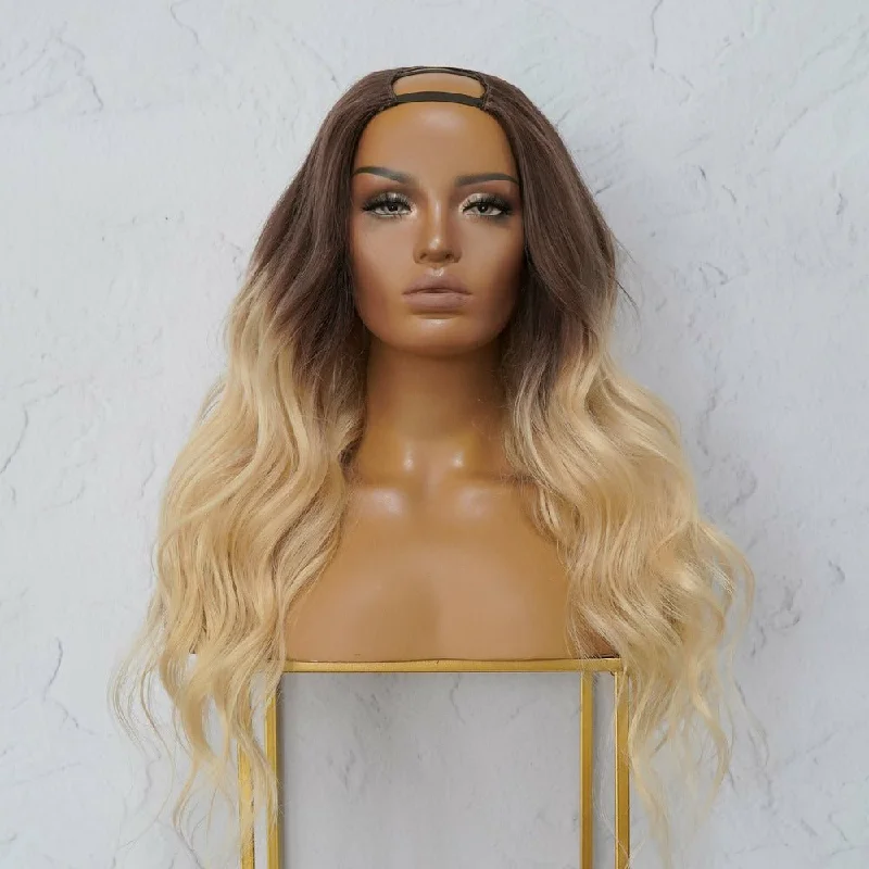 Adjustable - cap human - hair wig for a comfortable fitELENA Ombre Blonde Human Hair U Part Wig