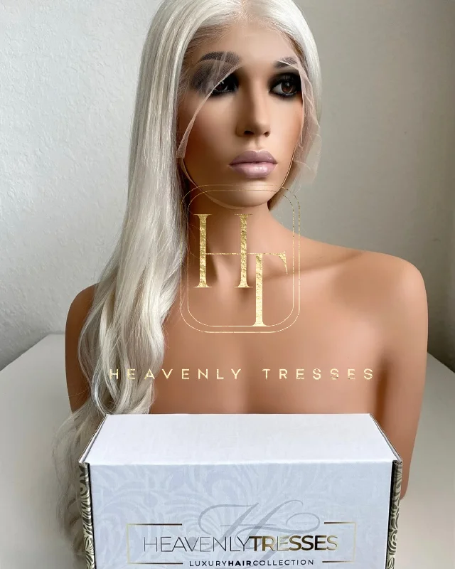 Adjustable - cap lace wig for a comfortable fitEuropean Wig: Ice White Platinum Blonde Natural Straight - "Ava"