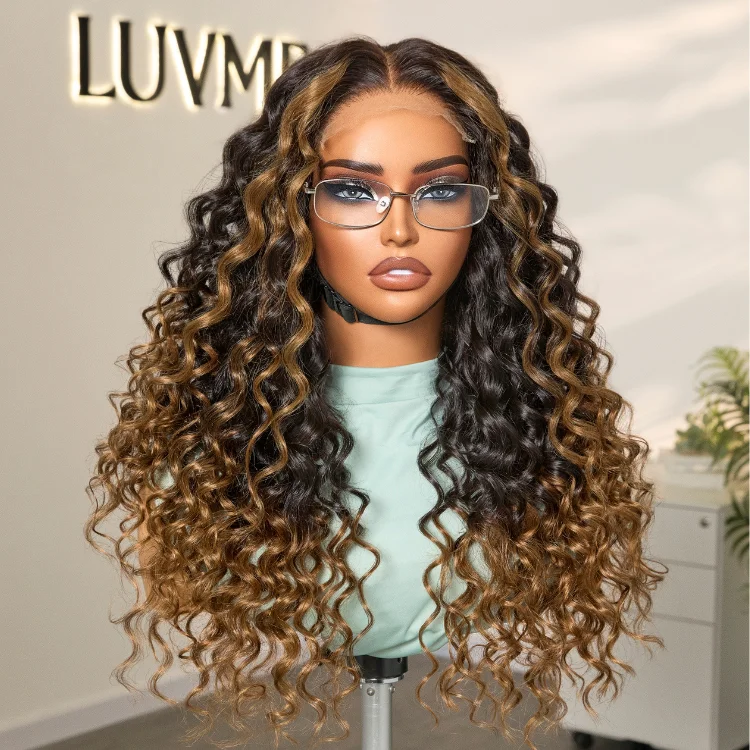 Human - hair wig with a side - swept bang for a sophisticated lookFluffy Brown Ombre Highlights Water Wave Glueless 5x5 Closure HD Lace Long Curly Wig Breathable Cap