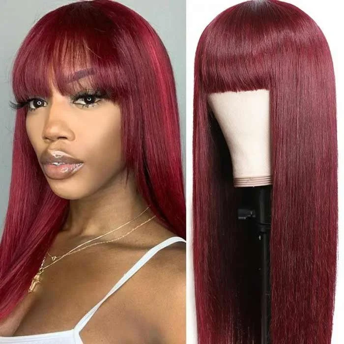 Human - hair wig with a wispy fringe for a soft and feminine lookFull Machine Made Wig Straight Virgin Hair Wigs With Bangs