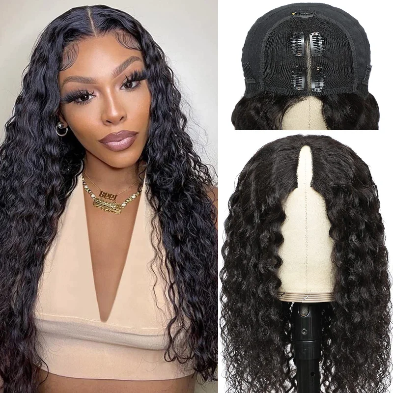 Human - hair wig with a side - swept bang for a sophisticated lookGlueless V Part Wig Water Wave Human Hair Wigs Beginner Friendly Upgraded Durable V Shape Wig