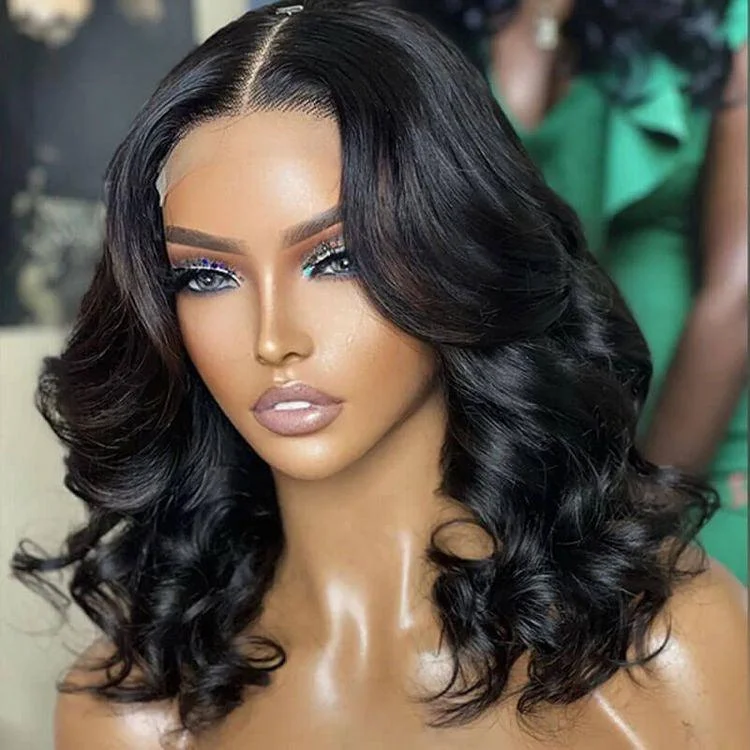 Human - hair wig with a 180 - density for a full and thick appearance1 SEC INSTALL WIG | Gorgeous Natural Black Loose Wave 5x5 Closure Lace Glueless Short Wig 100% Human Hair | Large & Small Cap Size