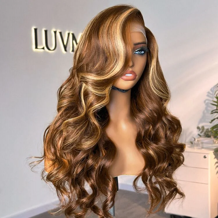 Malaysian - human - hair wig with a smooth and silky textureHoney Blonde Highlight / Natural Black Loose Body Wave Glueless 13x4 Frontal Lace Wig 100% Human Hair