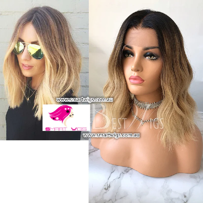 Human - hair wig with a 180 - density for a full and thick appearanceHoney Blonde with Dark Roots Brazilian Virgin Human Hair Lace Wig - SW1910