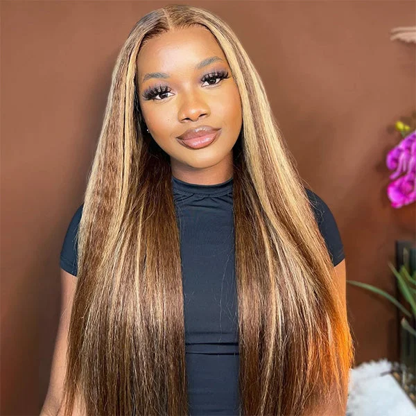 Human - hair wig with a curly texture for a bold and stylish choiceIshow PPB™ Invisible Knots Highlighted Honey Blonde Wigs Glueless Kinky Straight 5x5 Lace Closure Wig Pre Cut Wigs