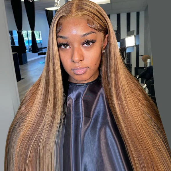 Human - hair wig with a side - swept bang for a sophisticated lookIshow PPB™ Invisible Knots Highlight Brown Straight Hair Wig Pre Cut Wigs 13x6 Glueless Lace Frontal Wig