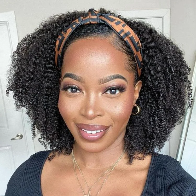 Human - hair wig with a natural - looking root for a more realistic lookNatural Black Jerry Curly No Lace Glueless Free Part Long Headband Wig 100% Human Hair (Get Free Trendy Headbands)