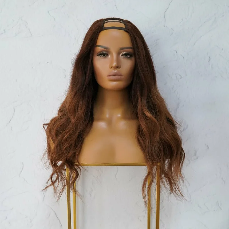 Human - hair wig with a silk - base cap for a comfortable and smooth feelKATIE Ombre Brown Human Hair U Part Wig