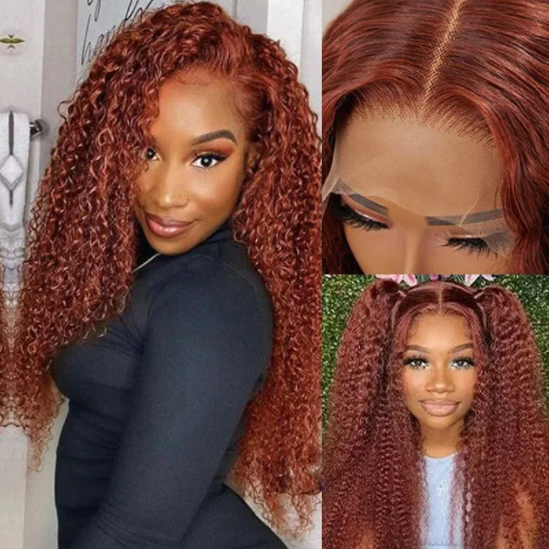 Colored wig in a vibrant pink color for a bold and eye - catching lookKinky Curly Reddish Brown 5x5 Closure Lace Curly Wig