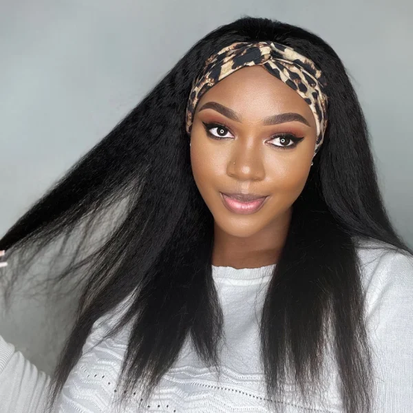 Adjustable - cap human - hair wig for a comfortable fitPut On & Go Glueless Kinky Straight Headband Long Wig 100% Human Hair (Get Free Trendy Headbands)