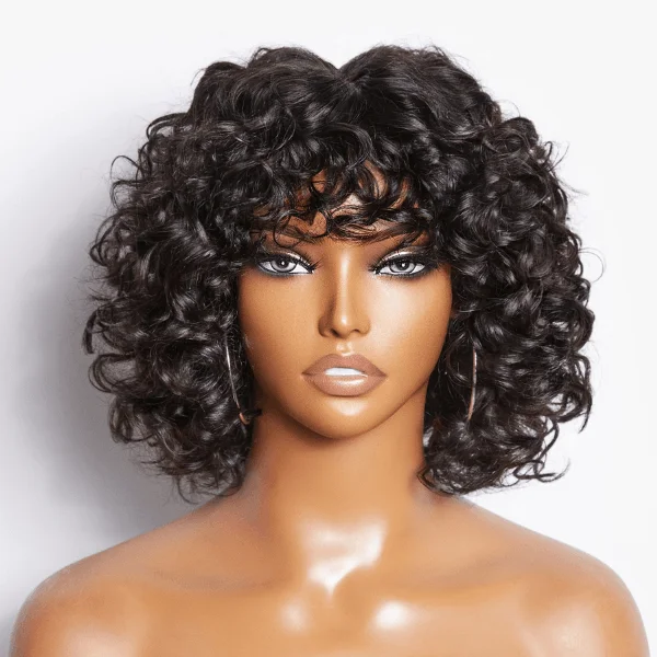 Human - hair wig with a side - swept bang for a sophisticated lookLight Weight Short Cut Water Wave Glueless Minimalist Lace Wig with Curly Bangs