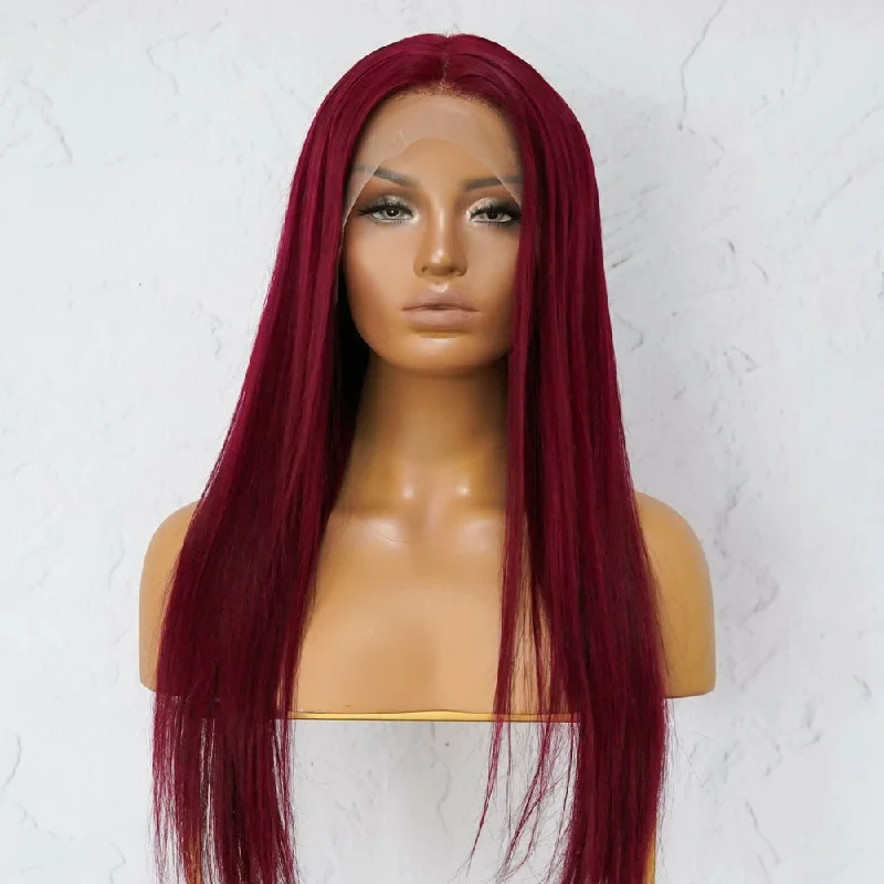 Human - hair wig with a wispy fringe for a soft and feminine lookLILLY Burgundy Red Human Hair Lace Front Wig