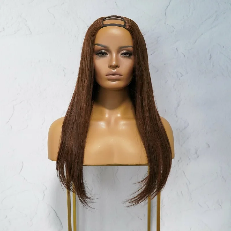 Human - hair wig in a jet - black color for a classic and timeless lookLOREN Medium Brown Human Hair U Part Wig