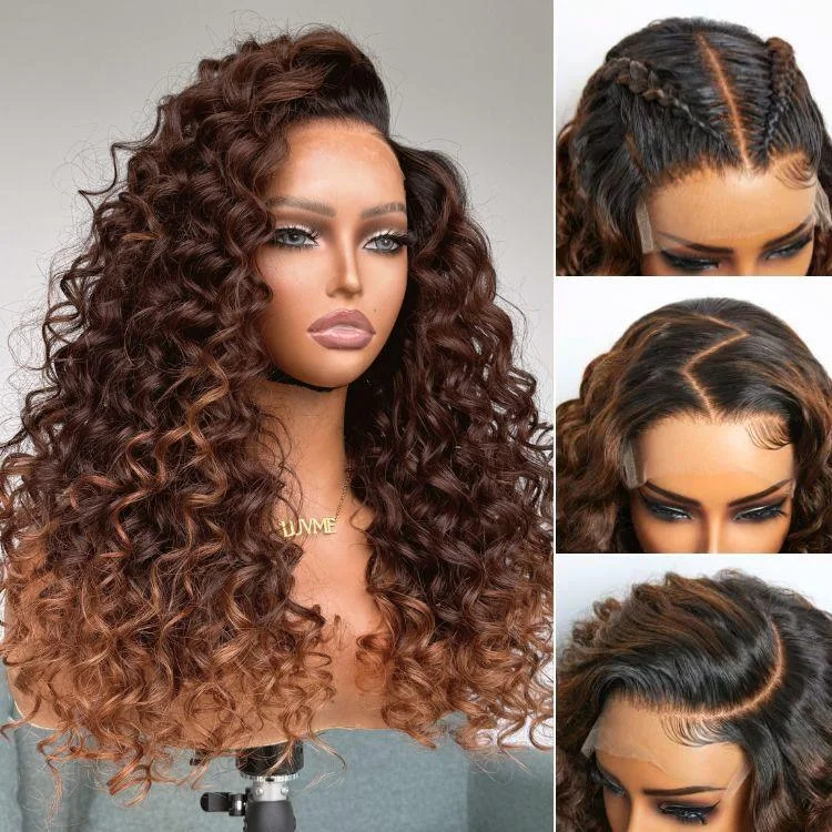 Human - hair wig with a pre - bleached knot for a natural - looking scalpLuvme Hair PartingMax Glueless Wig Ombre Copper Brown Water Wave 7x6 Closure HD Lace Wig