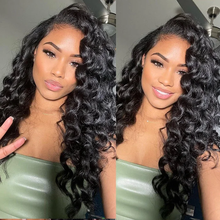 Human - hair wig with a wispy fringe for a soft and feminine lookMalaysian Hair 4x4 HD Undetectable Lace Wigs Loose Deep Wave Wig Free Part Human Hair Wigs