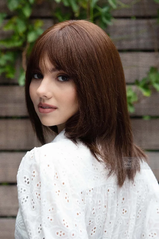 Human - hair wig with a wispy fringe for a soft and feminine lookNatural Black Brunette Straight Long Bob Human Hair Wig with bangs